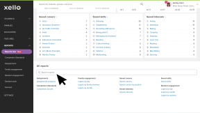 Educator account in Xello. The Reports hub is open with the search bar highlighted